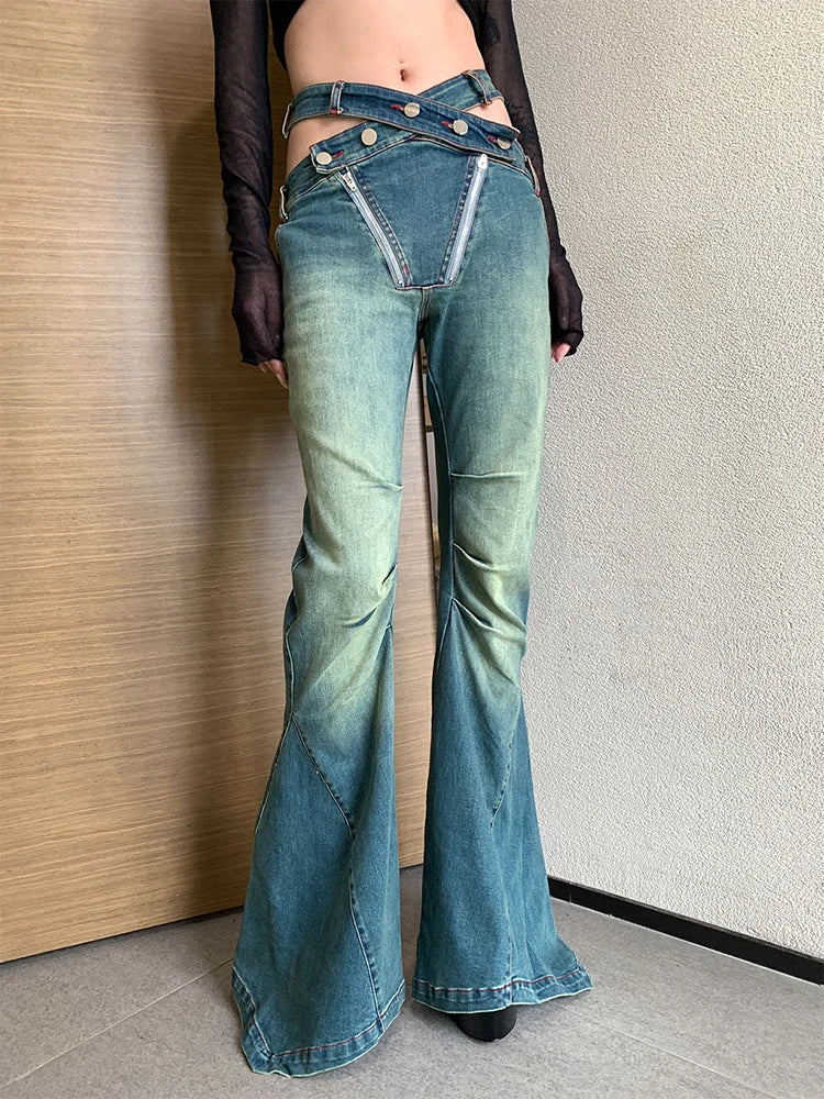 Hollow Out Chic Denim Pants For Women High Waist Patchwork Folds Slimming Casual Flare Pants Female Fashion Clothes