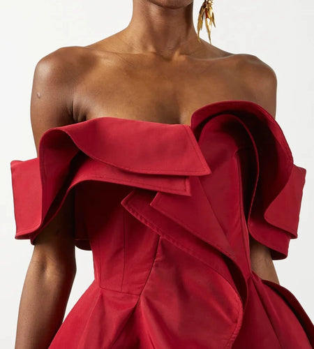 Red Slimming Spliced Ruffles Folds Irregular Long Dresses for Women Slash Neck Short Sleeves Elegant Dress Female