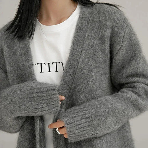 Load image into Gallery viewer, Elegant Fashion Korean Women&#39;s V-neck Knitted Cardigan Autumn Solid Color Loose Long Sleeved Women Sweater Top Simple Sweet
