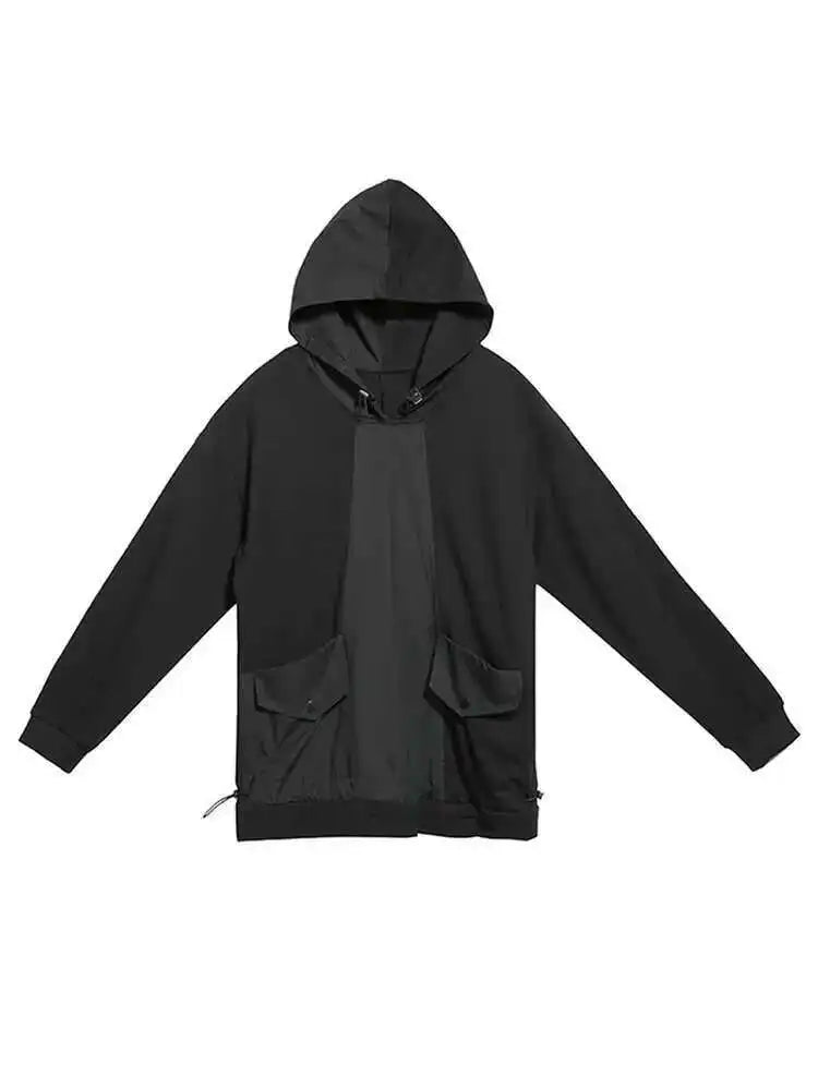 Women Black Pocket Split Joint Drawstring Big Size T-shirt New Hooded Long Sleeve  Fashion Tide  Spring Autumn 2025 1Y772