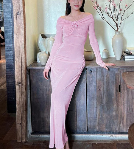 Slash Neck Solid Tie Flower Long Sleeve Backless Sexy Bodycon Maxi Prom Dress Autumn Women Clothes Birthday Party