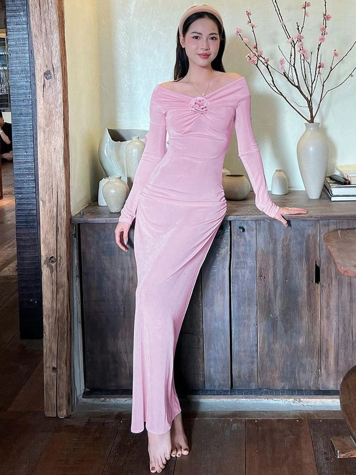 Slash Neck Solid Tie Flower Long Sleeve Backless Sexy Bodycon Maxi Prom Dress Autumn Women Clothes Birthday Party