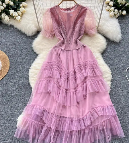 Retro Sweet Pink Lace Elegant Sequined Long Dress Round Neck Women Summer Short Sleeve Ruffles Evening Party Princess Dress Chic
