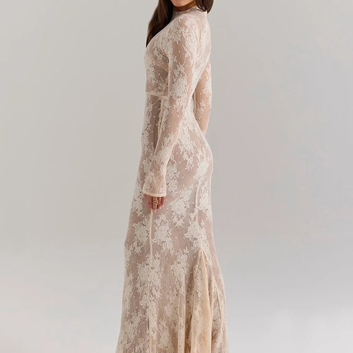 Load image into Gallery viewer, Lace Print Long Sleeve Sexy Maxi Dress For Women White Zipper Half High Collar Bodycon Fashion Elegant Long Dress
