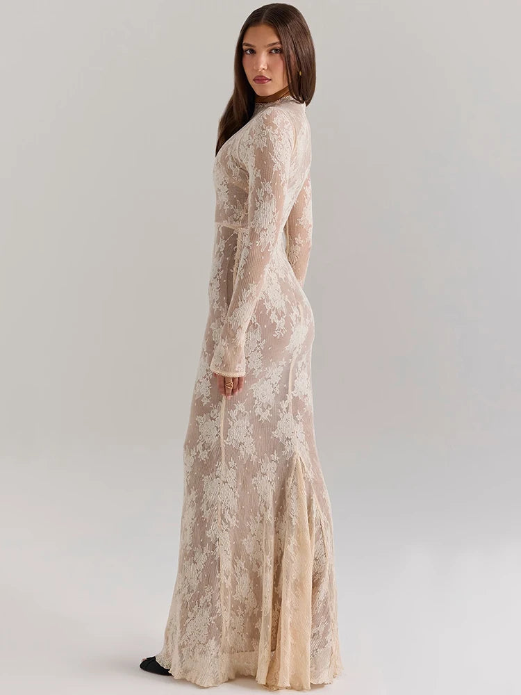 Lace Print Long Sleeve Sexy Maxi Dress For Women White Zipper Half High Collar Bodycon Fashion Elegant Long Dress