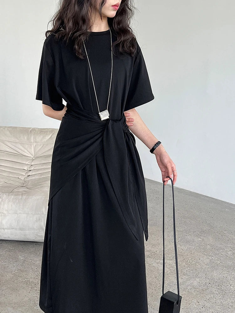 Women White Bandage Irregular Big Size Midi Dress New Round Neck Short Sleeve Fashion Tide Spring Summer 2025 1DJ1263