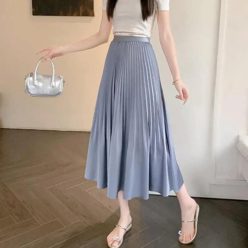 Spring Summer New Women Solid Office Elegant Long Skirt French Fashion High Waist Vacation Pleated Half Skirt Popular Streetwear