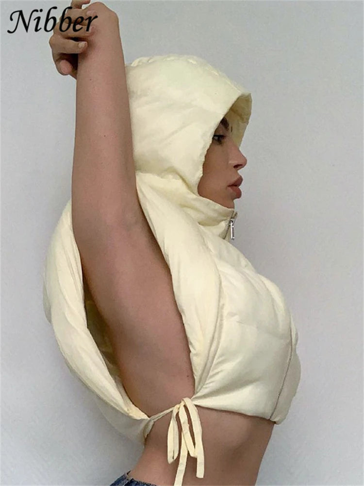 Solid Color Hooded Bread Jacket Sleeveless Vest Coat Cotton Fashion Casual Street Style For Women Daily Outing Wear