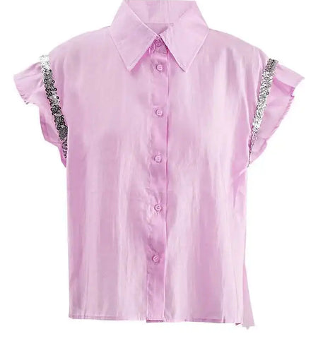 Women pink Color Sequins Mesh Ruffles Big Size Blouse New Lapel Sleeveless Shirt Fashion Tide Spring Summer 2025 CPG1527