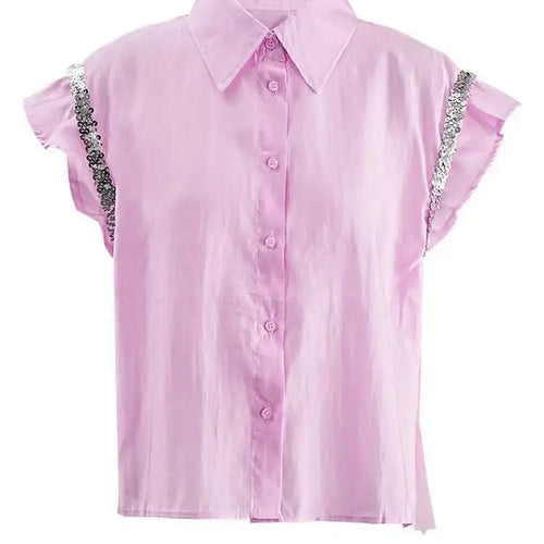 Load image into Gallery viewer, Women pink Color Sequins Mesh Ruffles Big Size Blouse New Lapel Sleeveless Shirt Fashion Tide Spring Summer 2025 CPG1527
