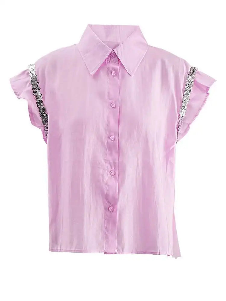 Women pink Color Sequins Mesh Ruffles Big Size Blouse New Lapel Sleeveless Shirt Fashion Tide Spring Summer 2025 CPG1527