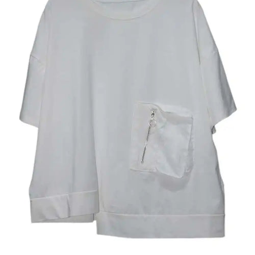 Load image into Gallery viewer, Women White Irregular Pocket Big Size Casual T-shirt New Round Neck Short Sleeve Fashion Tide Spring Summer 2025  1DJ0620

