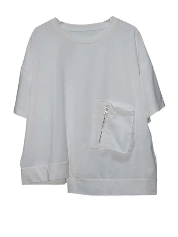 Women White Irregular Pocket Big Size Casual T-shirt New Round Neck Short Sleeve Fashion Tide Spring Summer 2025  1DJ0620
