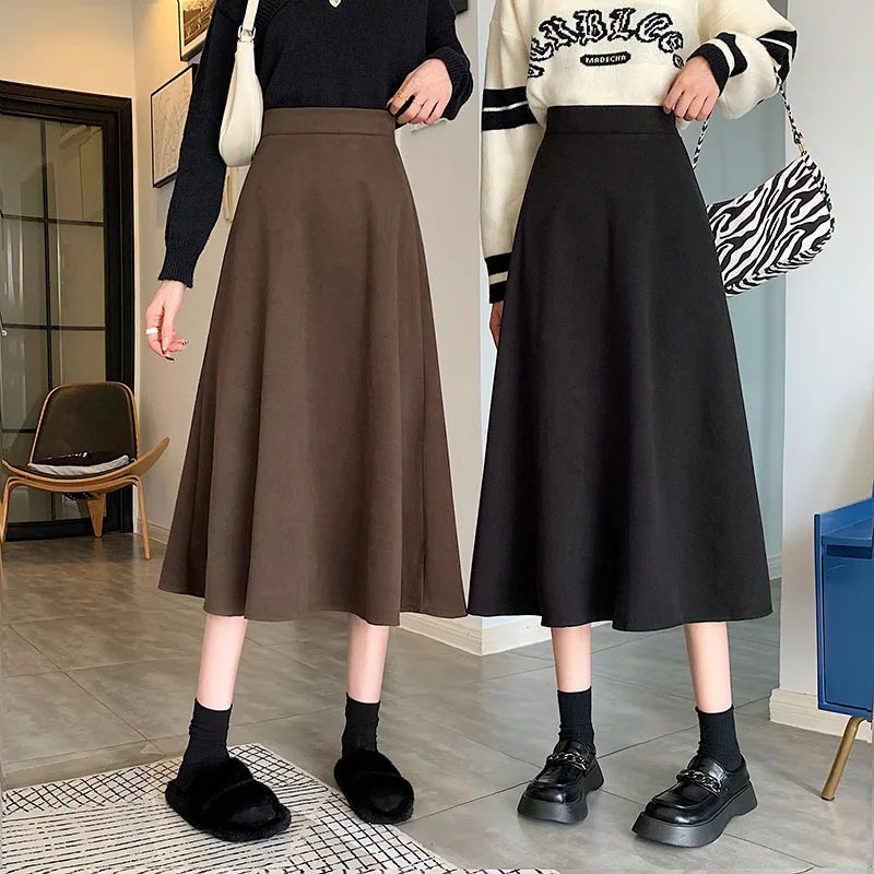 Korean Version Women's Black Temperament Vacation Woolen Long Skirt Autumn Winter Brown High Waist Pleated Skirts Fashion Simple