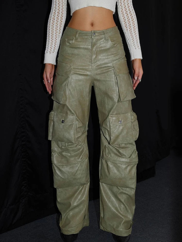 Fashion Patchwork Pocket Leather Cargo Pants For Women High Waist Casual Solid Loose Straight Floor Length Trousers Female
