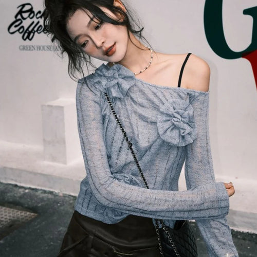 Load image into Gallery viewer, Autumn Sweet Solid 3D Flower Women's T-Shirt  New Knitted Streetwear Bottoming Tshirts Y2k Aesthetic Slash Neck Tee Shirts
