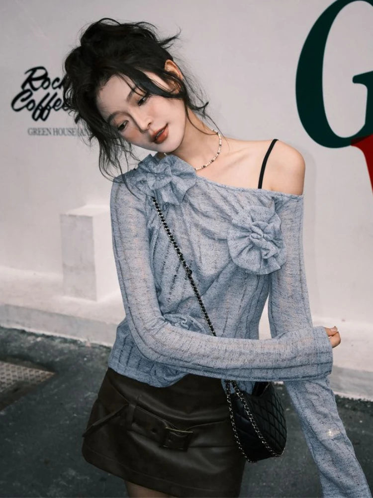 Autumn Sweet Solid 3D Flower Women's T-Shirt  New Knitted Streetwear Bottoming Tshirts Y2k Aesthetic Slash Neck Tee Shirts