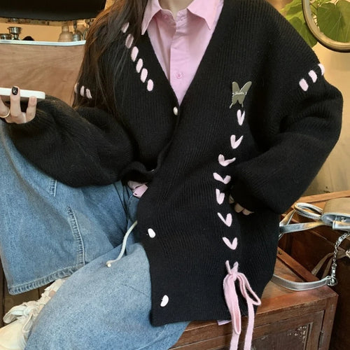 Load image into Gallery viewer, Autumn Grunge Butterfly Knitted Cardigans Y2k Aesthetic Single Breasted Coats Harajuku Bandage Women Kawaii JK Sweaters Jumper
