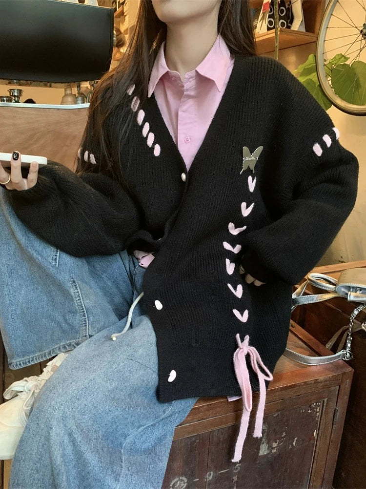 Autumn Grunge Butterfly Knitted Cardigans Y2k Aesthetic Single Breasted Coats Harajuku Bandage Women Kawaii JK Sweaters Jumper