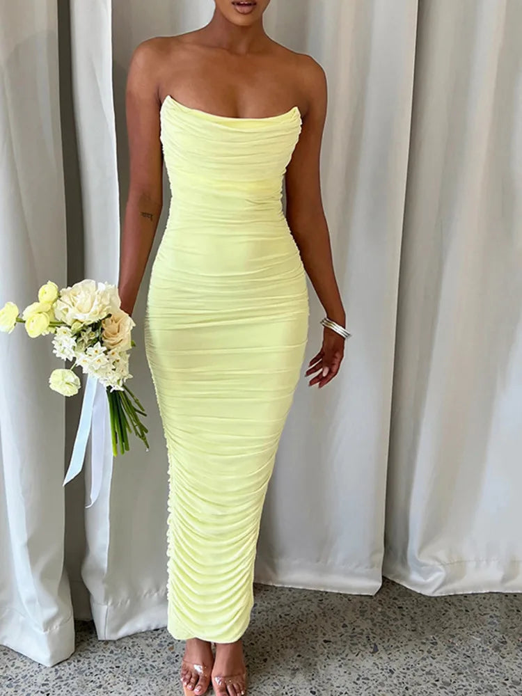 Sexy Mesh Strapless Women Dress Women Trendy Temperament Tight High Waisted Backless Long Dress Party Club Evening Dress