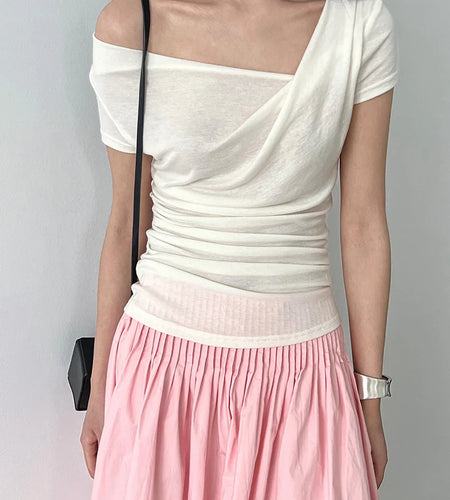 Women Black Irregular Pleated Elegant T-shirt New Skew Collar Short Sleeve Fashion Tide Spring Summer 2025 1DJ1908