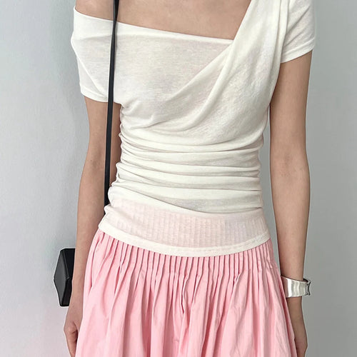 Load image into Gallery viewer, Women Black Irregular Pleated Elegant T-shirt New Skew Collar Short Sleeve Fashion Tide Spring Summer 2025 1DJ1908
