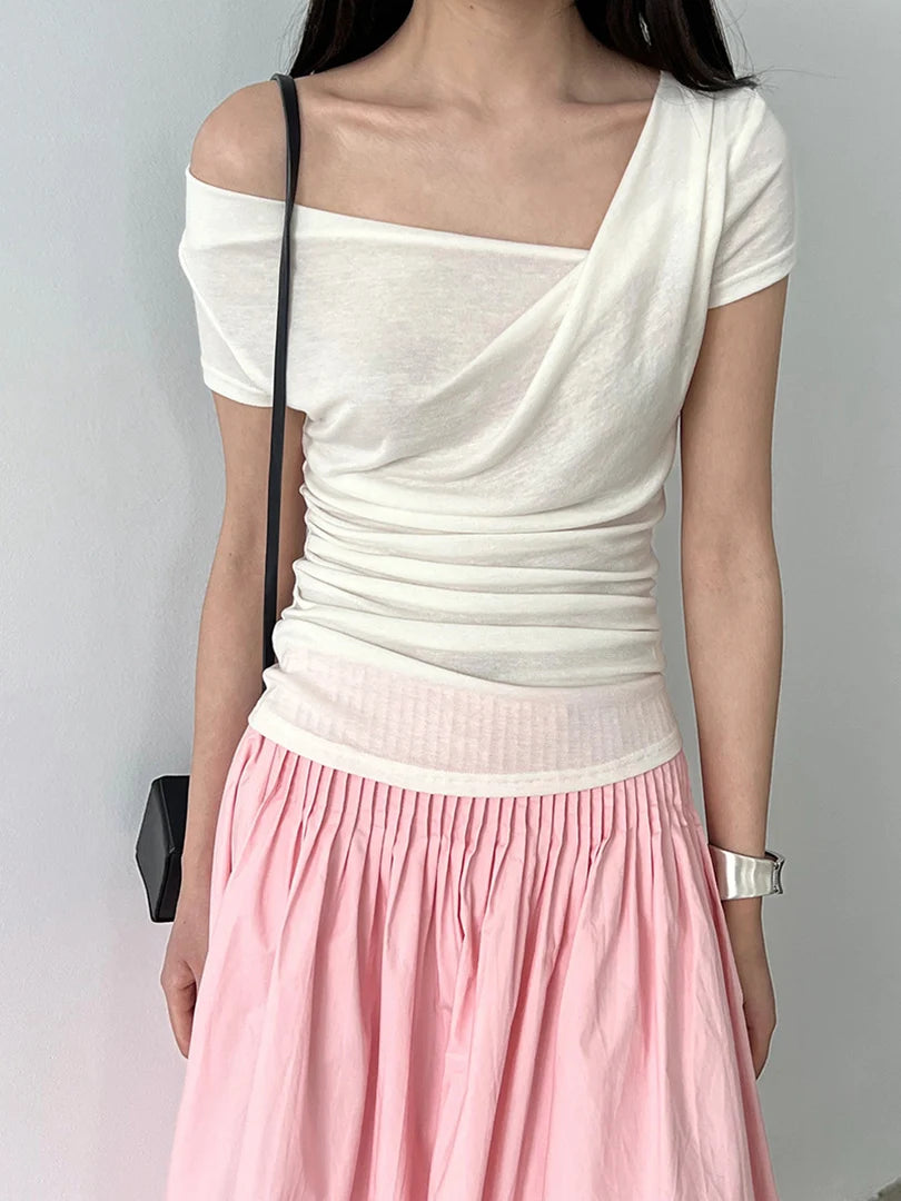 Women Black Irregular Pleated Elegant T-shirt New Skew Collar Short Sleeve Fashion Tide Spring Summer 2025 1DJ1908