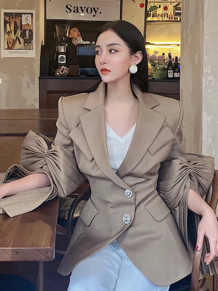 High Street Plain Blazers For Women Notched Long Sleeve Single Breasted Patchwork Folds Coats Female Spring Clothes