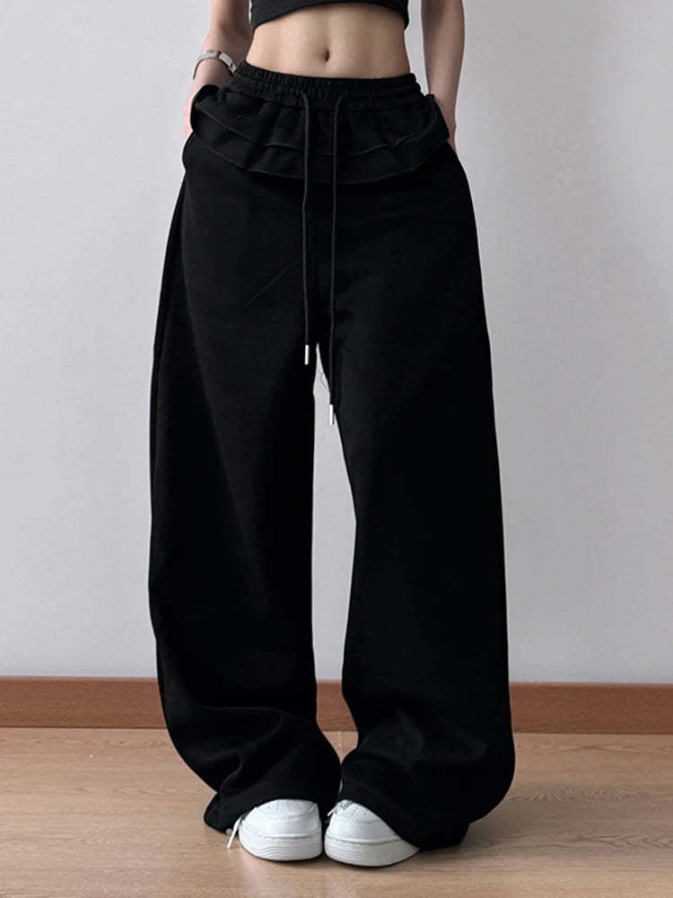 High Elastic Waist Gray Ruffles Drawstring Wide Leg Pants New Trousers Women Fashion Tide Spring Autumn 2025 1DH9617