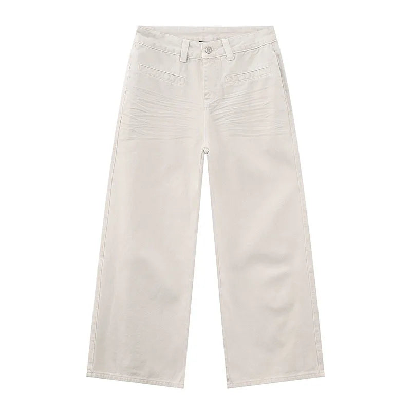 Men's Jeans Personality Pocket Reverse Wear Fold Design Solid Color Straight Wide Leg Denim Pants New Stylish 9W1589