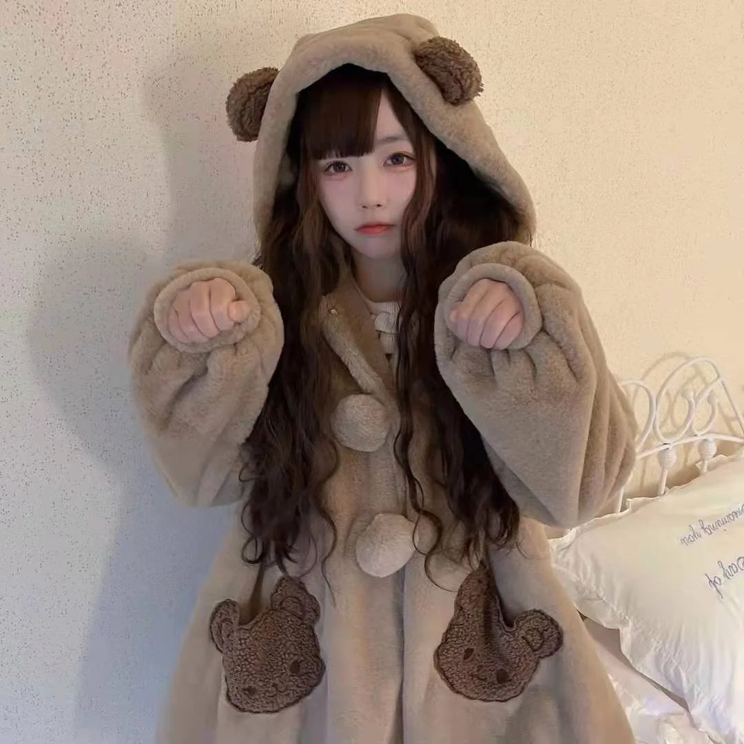 Japanese Style Autumn Winter Women Sweet Lamb Wool Jacket Kawaii Soft Bear Ears Hooded Coats Kawaii Tops Y2k Girls Cute Outwear