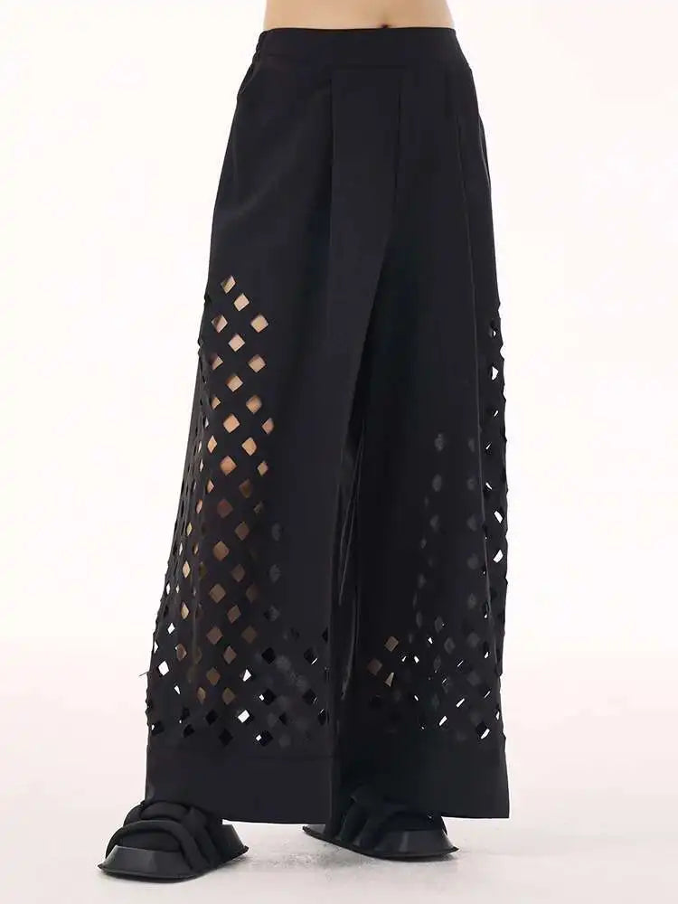 High Elastic Waist Gray Hollow Out Long Wide Leg Casual Pants New Trousers Women Fashion Tide Spring Autumn 2025  1DH9432