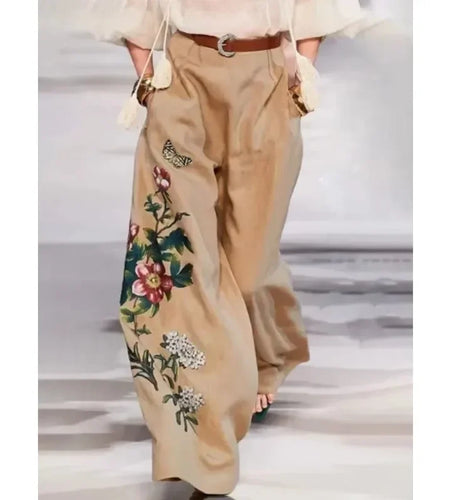 Women's Wide Leg Pants With Belted 2025 Spring Summer Floral Printed Loose Vintage High Waisted Casual Trousers Woman