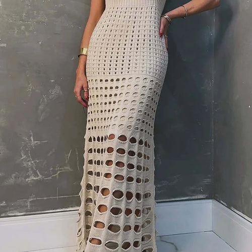 Load image into Gallery viewer, Strapless Off-shoulder Hollow Out Knit Maxi Dress For Women Gown Fashion Sleeveless Backless Beach Skinny Long Dress
