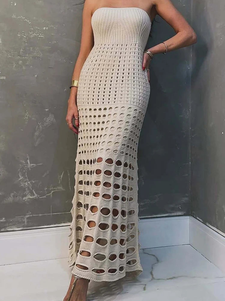 Strapless Off-shoulder Hollow Out Knit Maxi Dress For Women Gown Fashion Sleeveless Backless Beach Skinny Long Dress