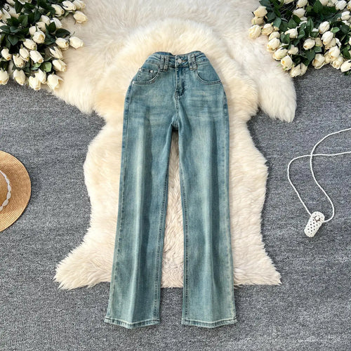 Load image into Gallery viewer, Spring Korean Version Vintage Blue High Waist Straight Denim Pant Women Ankle-length Wide Leg Jeans Fashion Popular Trousers New
