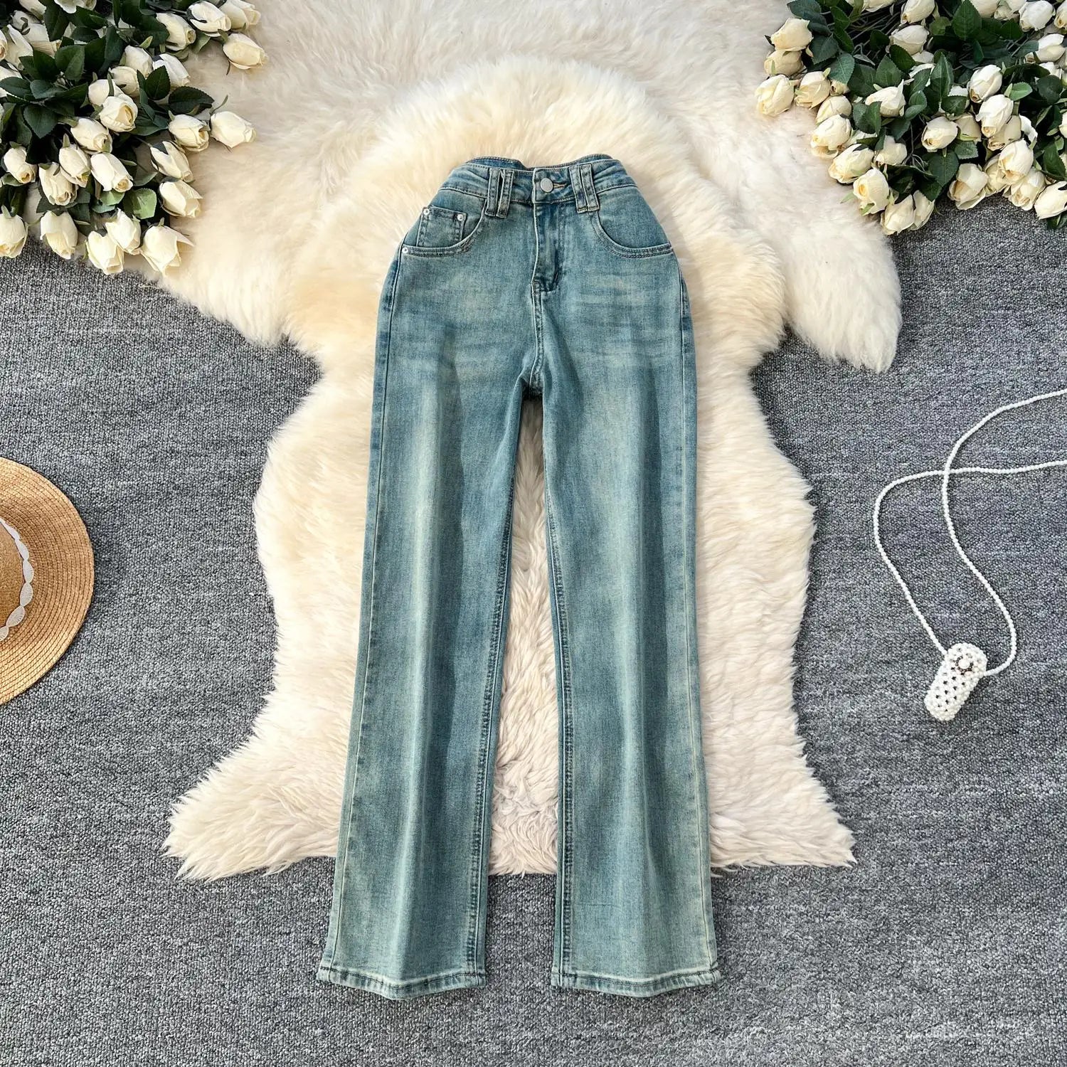 Spring Korean Version Vintage Blue High Waist Straight Denim Pant Women Ankle-length Wide Leg Jeans Fashion Popular Trousers New