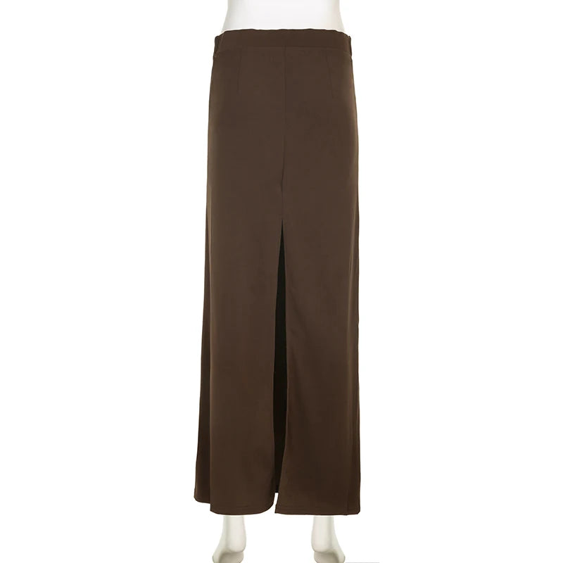 Casual Elegant Retro Solid Long Skirt Korean Fashion Split Summer Chic Women Skirts High Waisted Brown Clothes Bottom