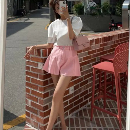 Load image into Gallery viewer, Fashion Summer Women Pink Elegant High Waist Button Wigh Leg Jeans Casual Female Loose Blue Versatile A-line Denim Shorts French
