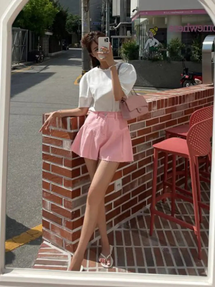 Fashion Summer Women Pink Elegant High Waist Button Wigh Leg Jeans Casual Female Loose Blue Versatile A-line Denim Shorts French