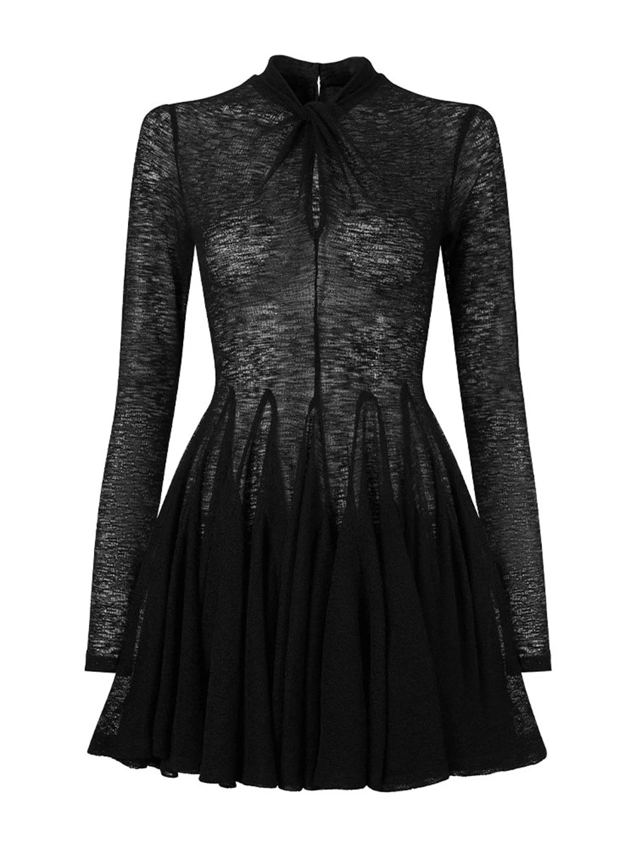 Slimming Spliced Folds Minimalist Dresses for Women Round Neck Long Sleeves Temperament Dress Female Clothing New