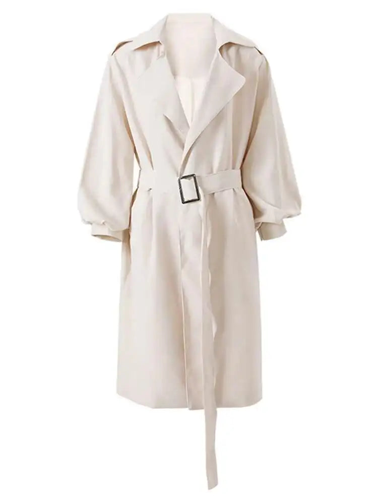Women Beige Brief Belted Casual Trench New Lapel Long Sleeve Windbreaker Fashion Tide Spring Autumn 2025 CPG1179