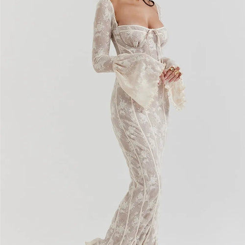 Load image into Gallery viewer, Lace Print Long Flare Sleeve Sexy Maxi Dress For Women Fashion Square Collar Backless Bodycon Club Party Sexy Dress
