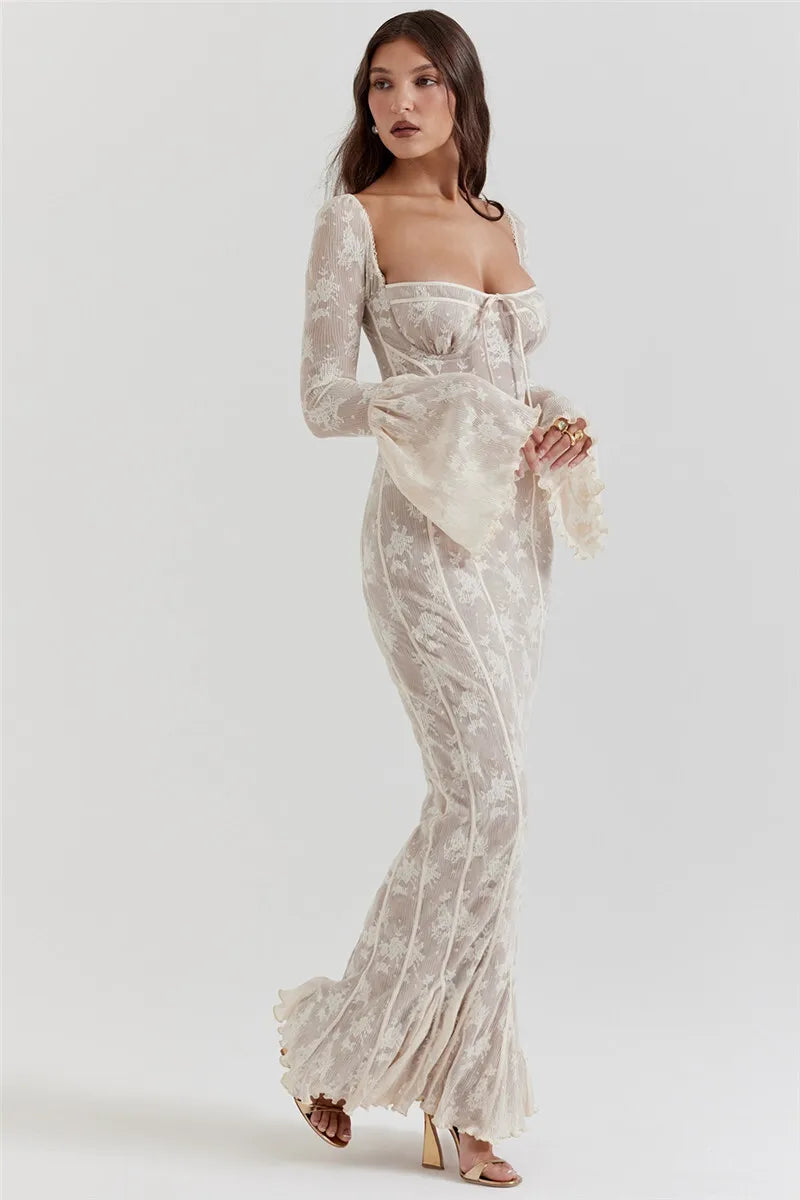 Lace Print Long Flare Sleeve Sexy Maxi Dress For Women Fashion Square Collar Backless Bodycon Club Party Sexy Dress