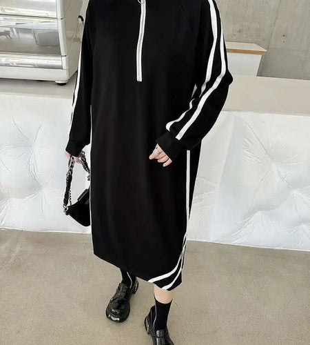Women Black Striped Spliced Zipper Big Size Midi Dress New Turtleneck Long Sleeve Fashion Tide Spring Autumn 2025 1DH6819
