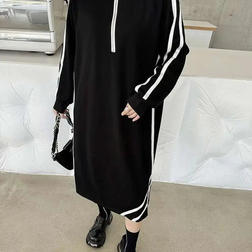 Load image into Gallery viewer, Women Black Striped Spliced Zipper Big Size Midi Dress New Turtleneck Long Sleeve Fashion Tide Spring Autumn 2025 1DH6819
