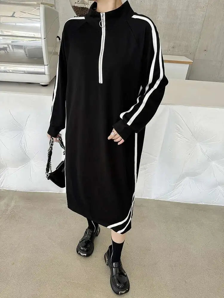 Women Black Striped Spliced Zipper Big Size Midi Dress New Turtleneck Long Sleeve Fashion Tide Spring Autumn 2025 1DH6819