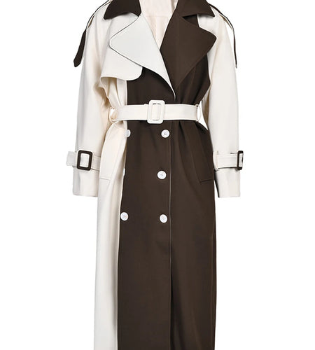 Women Brown Color-block Big Size Long Trench New Lapel Long Sleeve Windbreaker Fashion Tide Spring Autumn 2025 2C7400