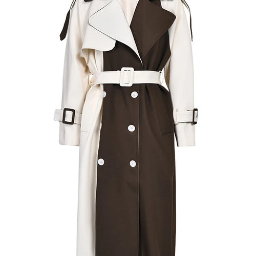 Load image into Gallery viewer, Women Brown Color-block Big Size Long Trench New Lapel Long Sleeve Windbreaker Fashion Tide Spring Autumn 2025 2C7400

