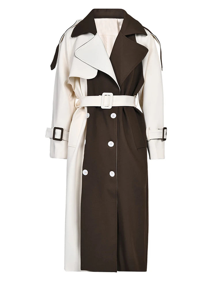 Women Brown Color-block Big Size Long Trench New Lapel Long Sleeve Windbreaker Fashion Tide Spring Autumn 2025 2C7400